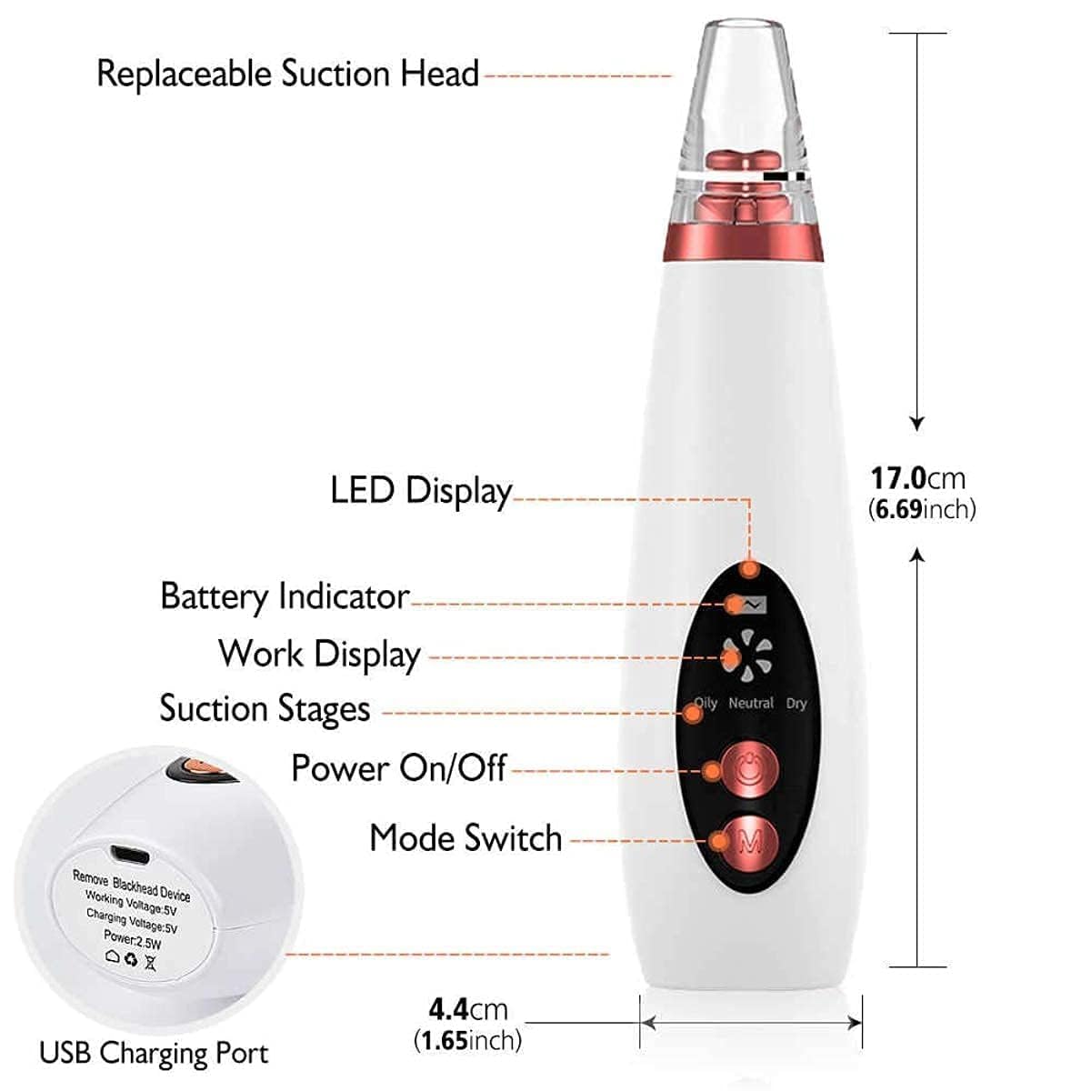 Blackhead Remover Tools | Electric Derma suction Machine | USB Rechargeable Acne Pimple Pore Cleaner Vacuum tool | Facial Cleanser Device for Nose & Skin Care