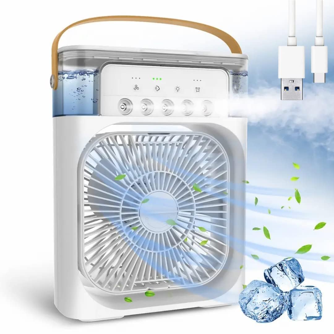 Portable Mini Air Cooler Fan with Water Tank & USB Power, Personal Evaporative Air Cooler with 3 Speeds, Mist Humidifier, LED Light, Quiet Cooling for Home Office Bedroom