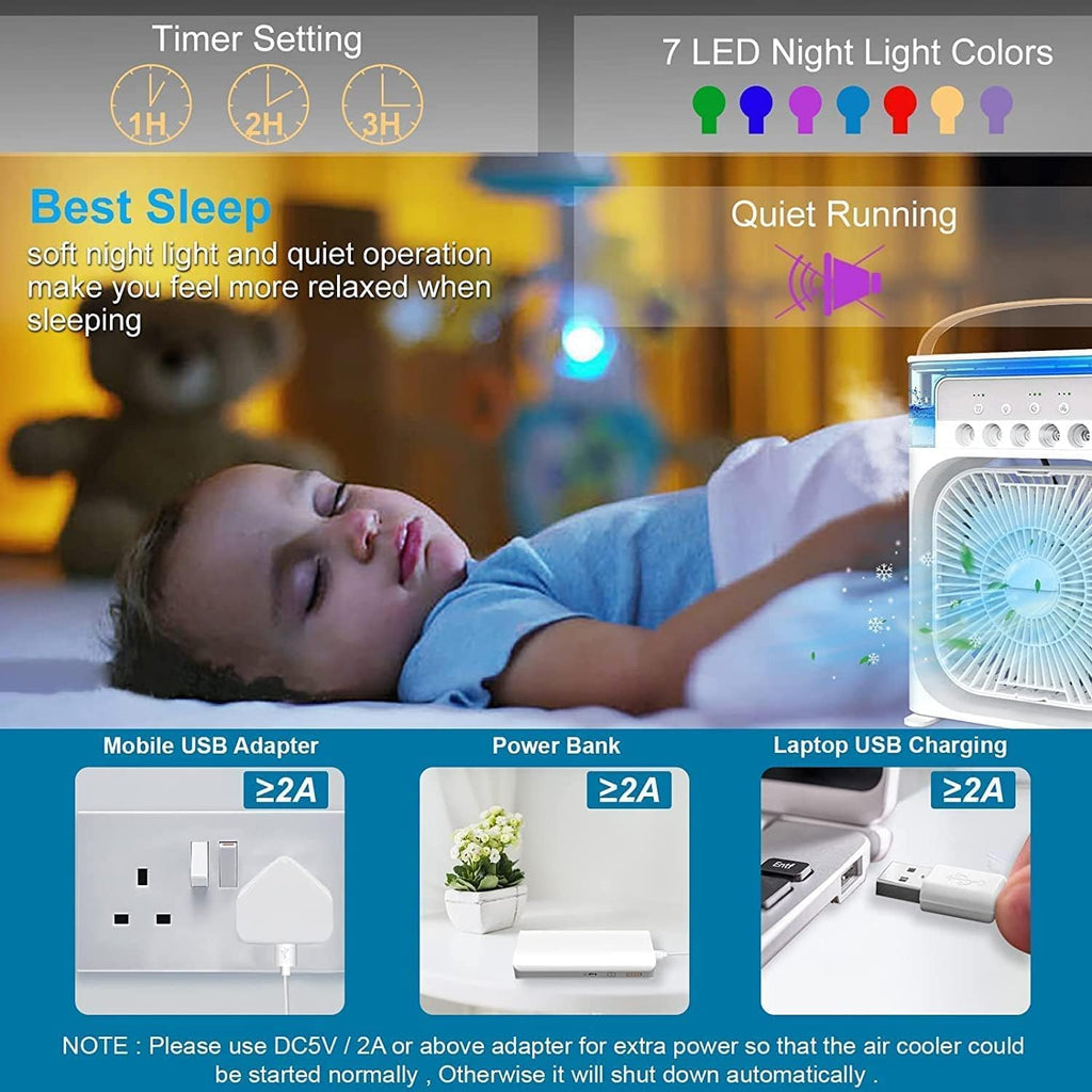 Portable Mini Air Cooler Fan with Water Tank & USB Power, Personal Evaporative Air Cooler with 3 Speeds, Mist Humidifier, LED Light, Quiet Cooling for Home Office Bedroom