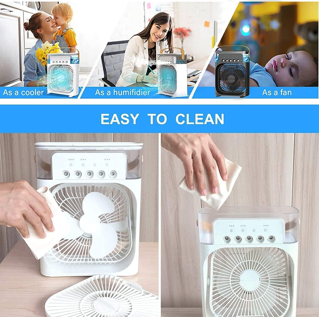 Portable Mini Air Cooler Fan with Water Tank & USB Power, Personal Evaporative Air Cooler with 3 Speeds, Mist Humidifier, LED Light, Quiet Cooling for Home Office Bedroom