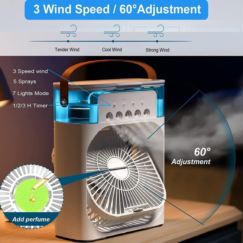 Portable Mini Air Cooler Fan with Water Tank & USB Power, Personal Evaporative Air Cooler with 3 Speeds, Mist Humidifier, LED Light, Quiet Cooling for Home Office Bedroom