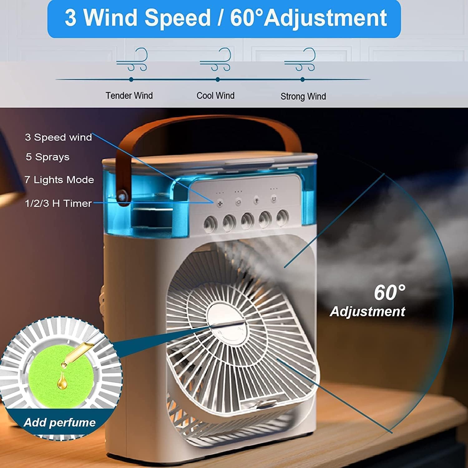Portable Mini Air Cooler Fan with Water Tank & USB Power, Personal Evaporative Air Cooler with 3 Speeds, Mist Humidifier, LED Light, Quiet Cooling for Home Office Bedroom