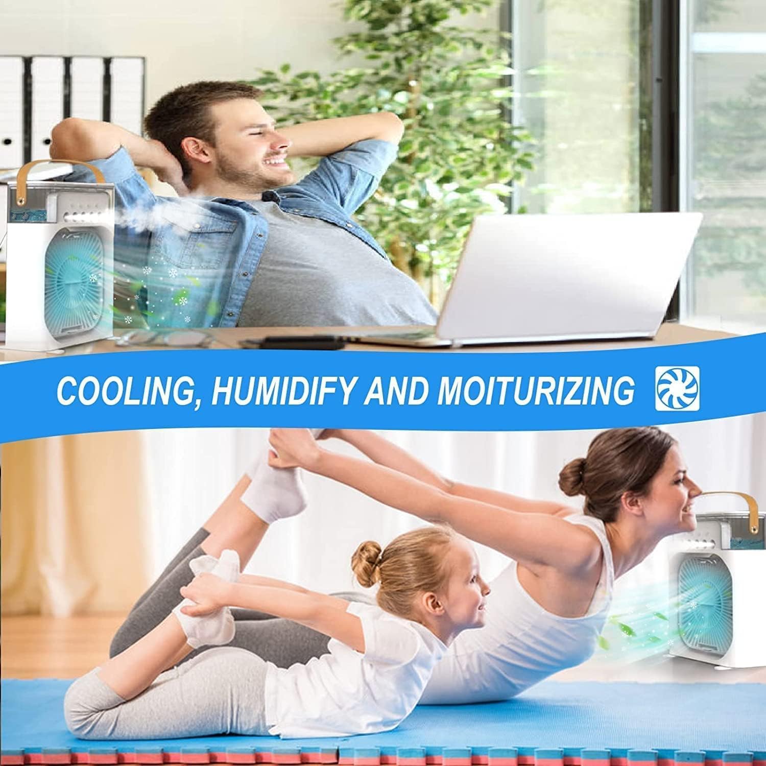 Portable Mini Air Cooler Fan with Water Tank & USB Power, Personal Evaporative Air Cooler with 3 Speeds, Mist Humidifier, LED Light, Quiet Cooling for Home Office Bedroom